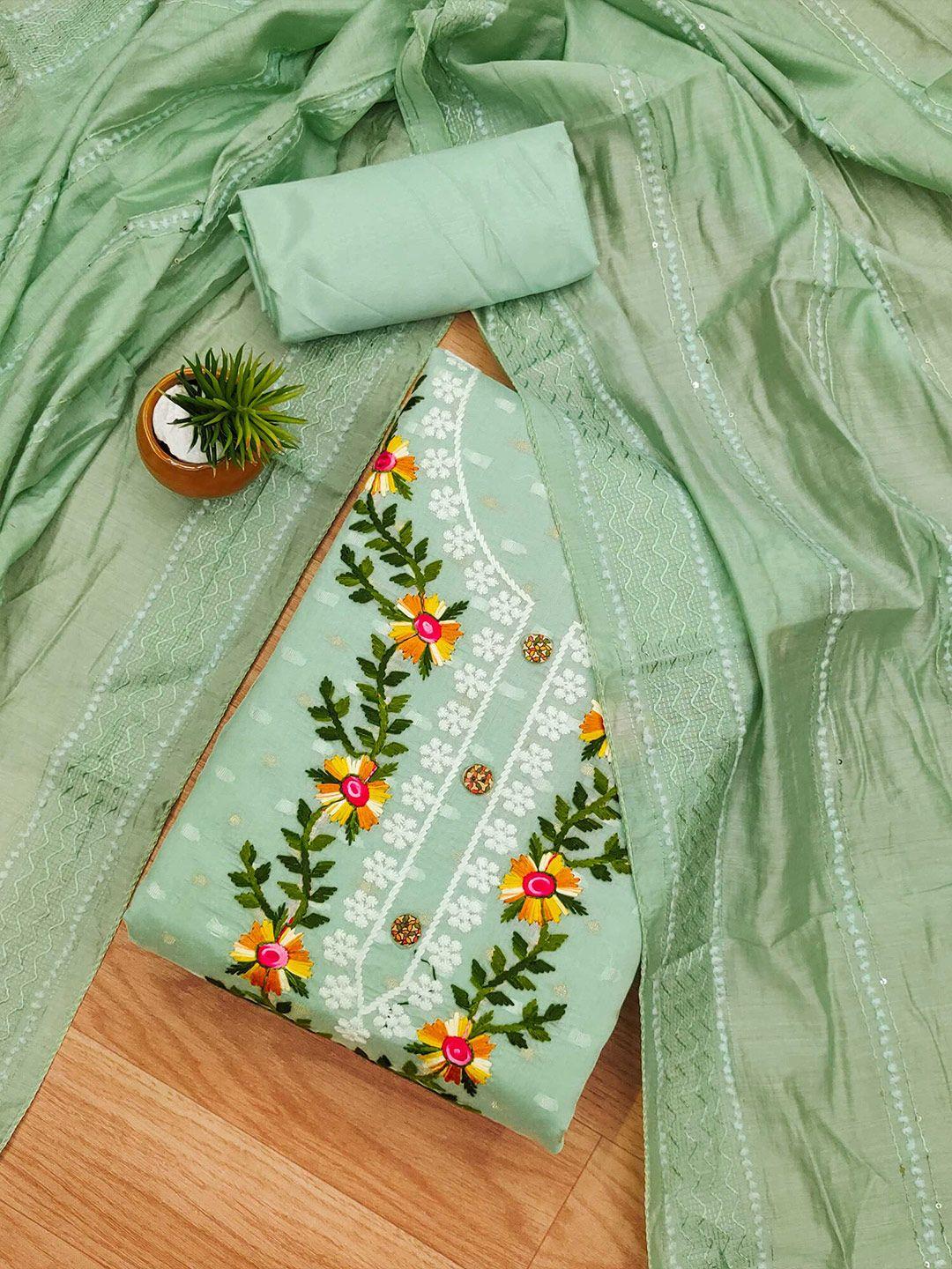 panzora green embroidered art silk unstitched dress material