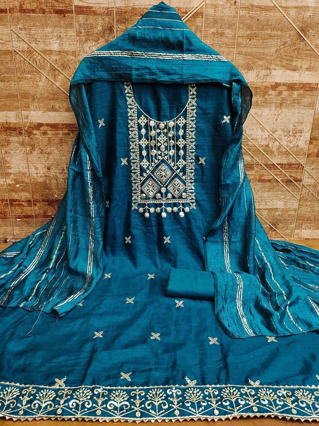 panzora teal embroidered unstitched dress material