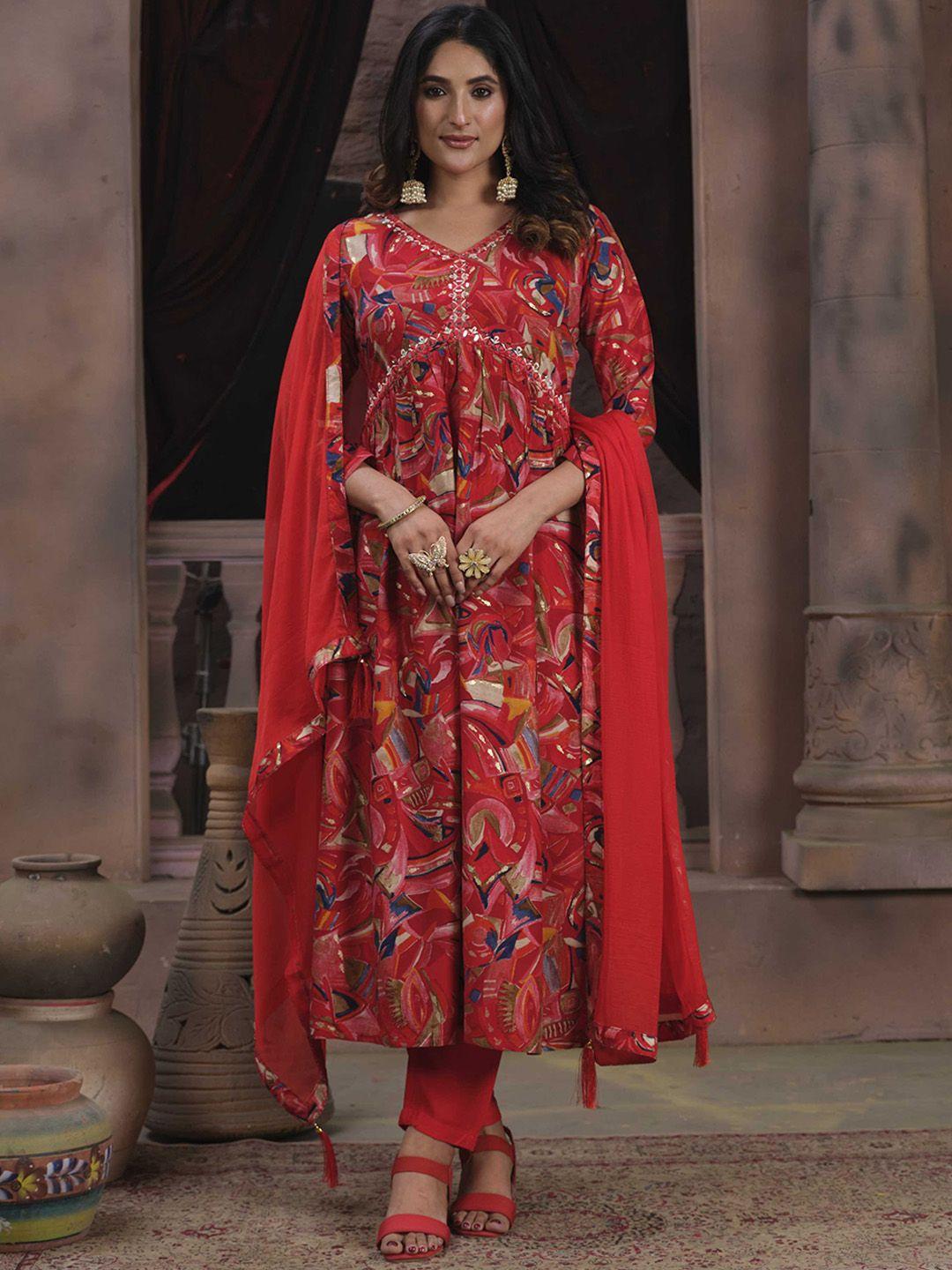 panzora women floral printed empire mirror work kurta with trousers & with dupatta