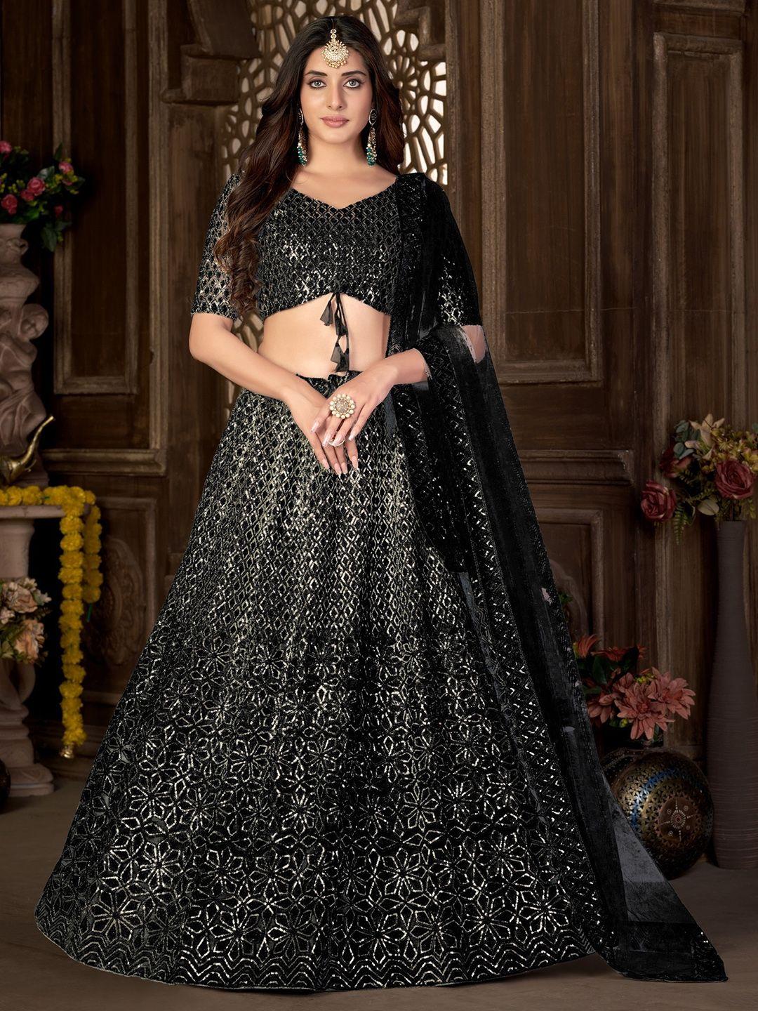 panzora floral embroidered sequined semi-stitched lehenga & blouse with dupatta