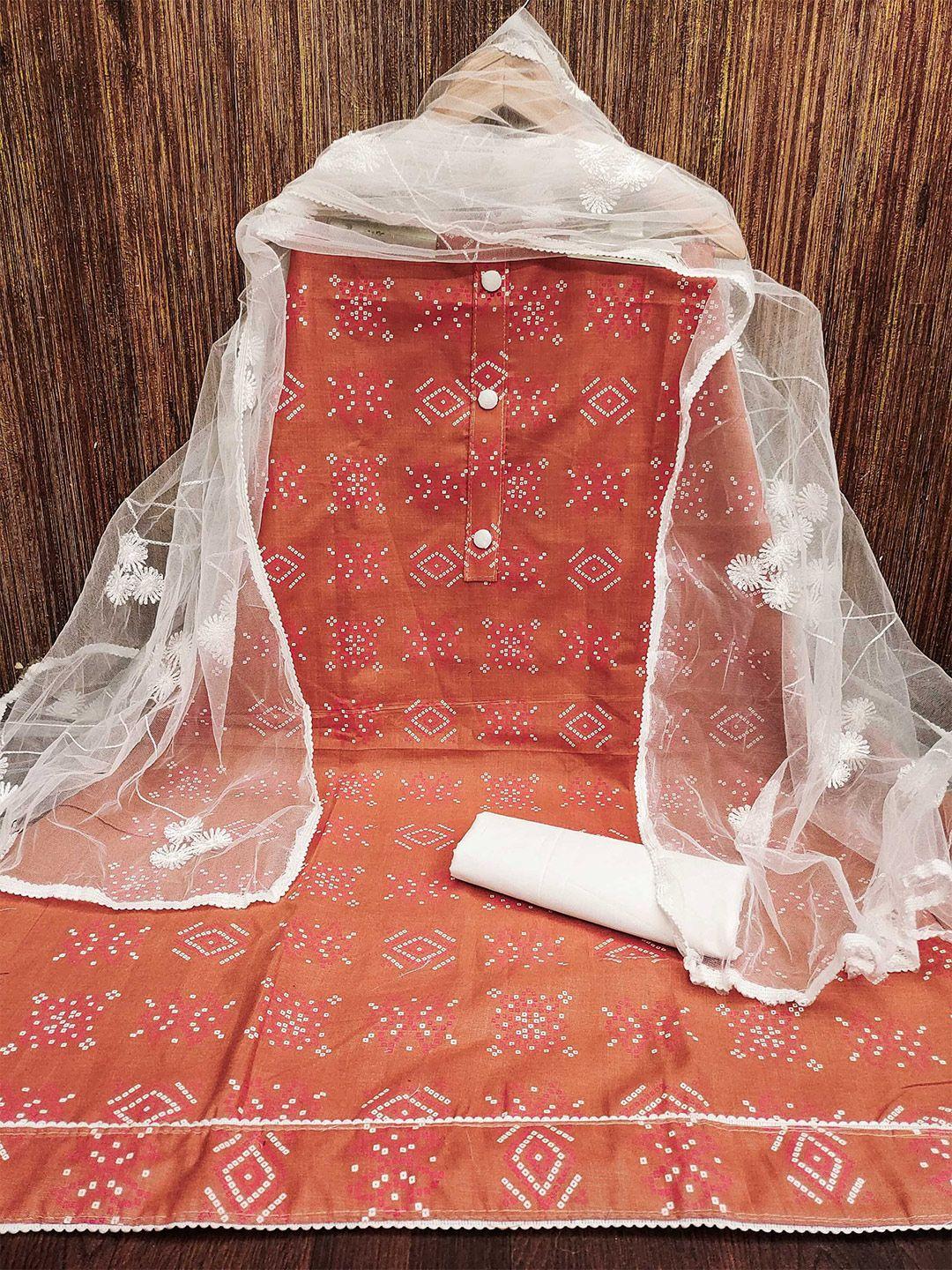 panzora orange & white printed unstitched dress material