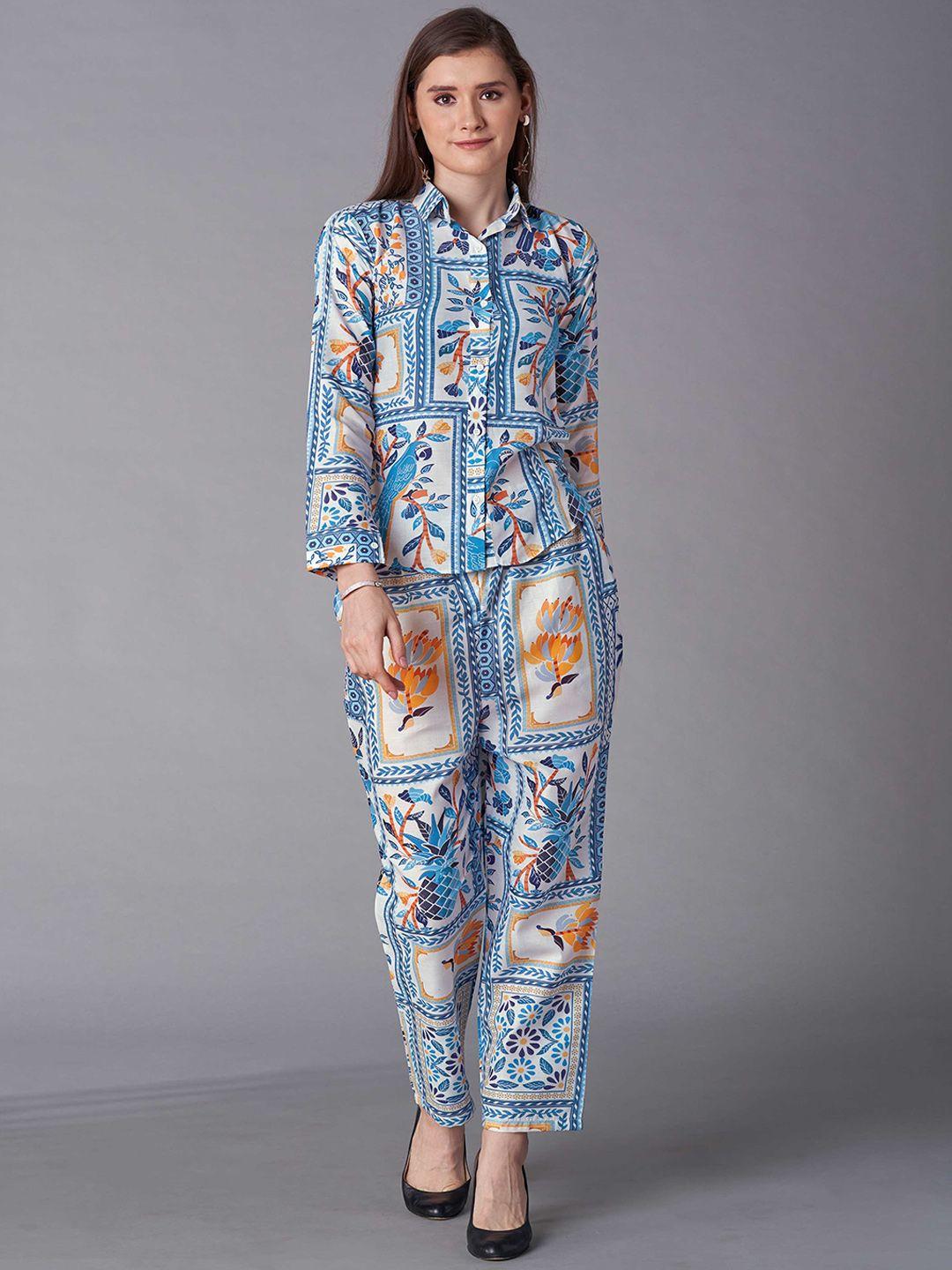 panzora printed cotton shirt-collar shirt with trouser co-ords