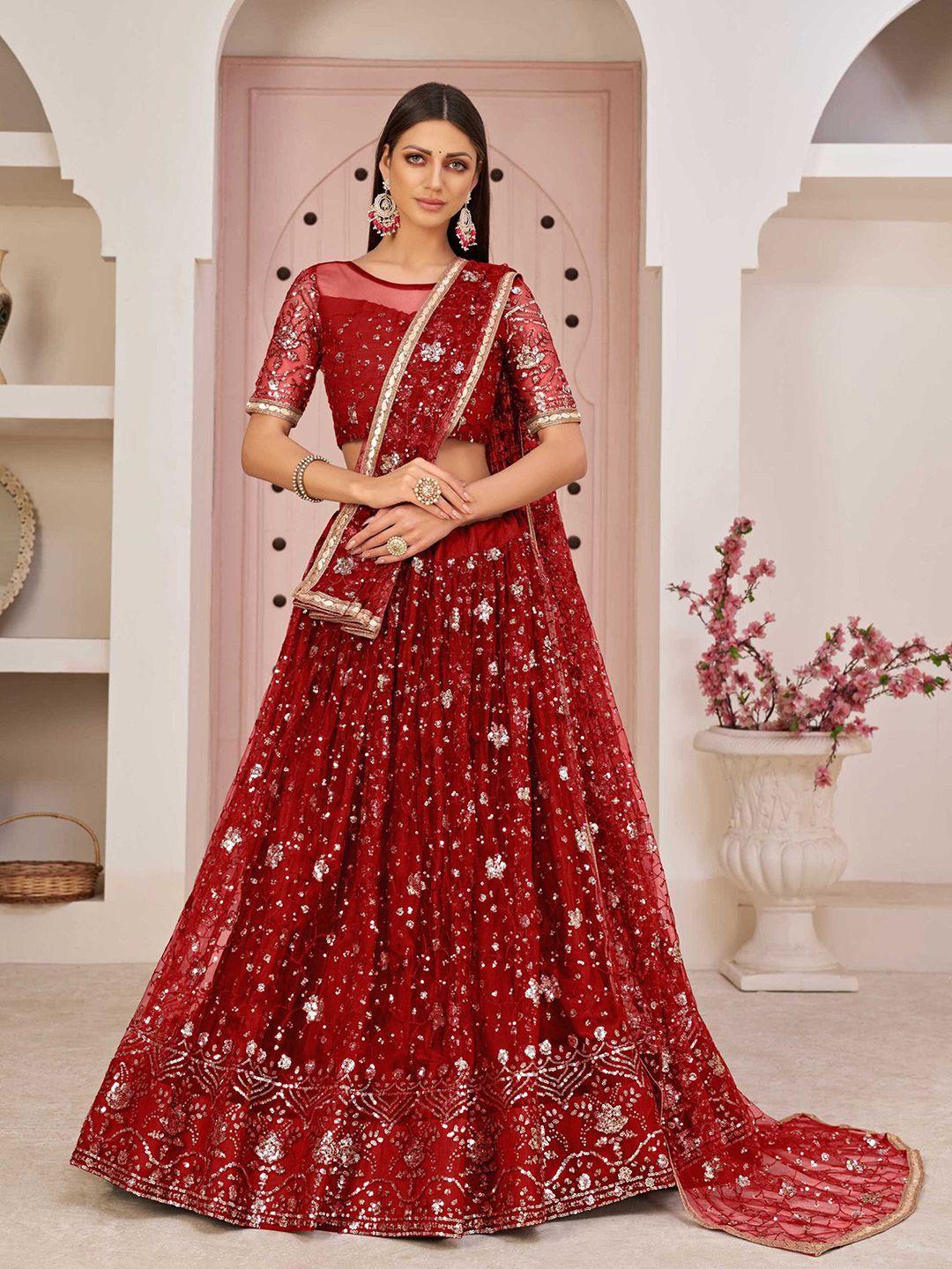 panzora red & gold-toned embroidered sequinned semi-stitched lehenga & blouse with dupatta