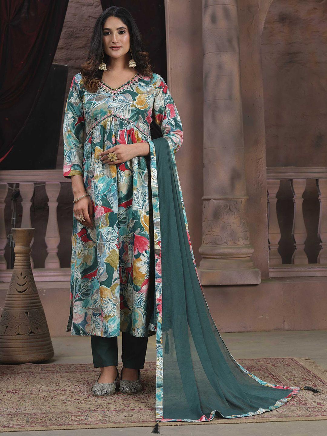 panzora women floral printed empire mirror work kurta with trousers & with dupatta