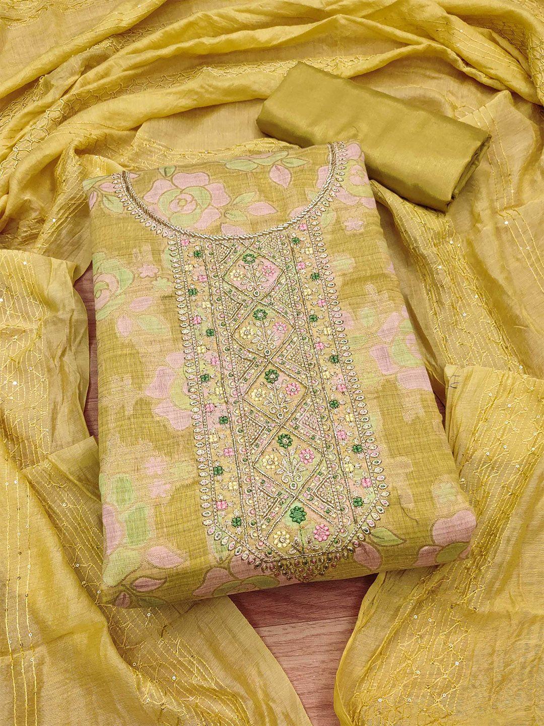 panzora yellow embellished art silk unstitched dress material