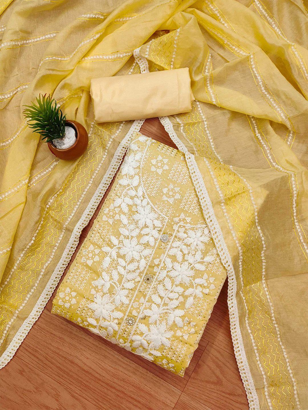 panzora yellow embroidered art silk unstitched dress material