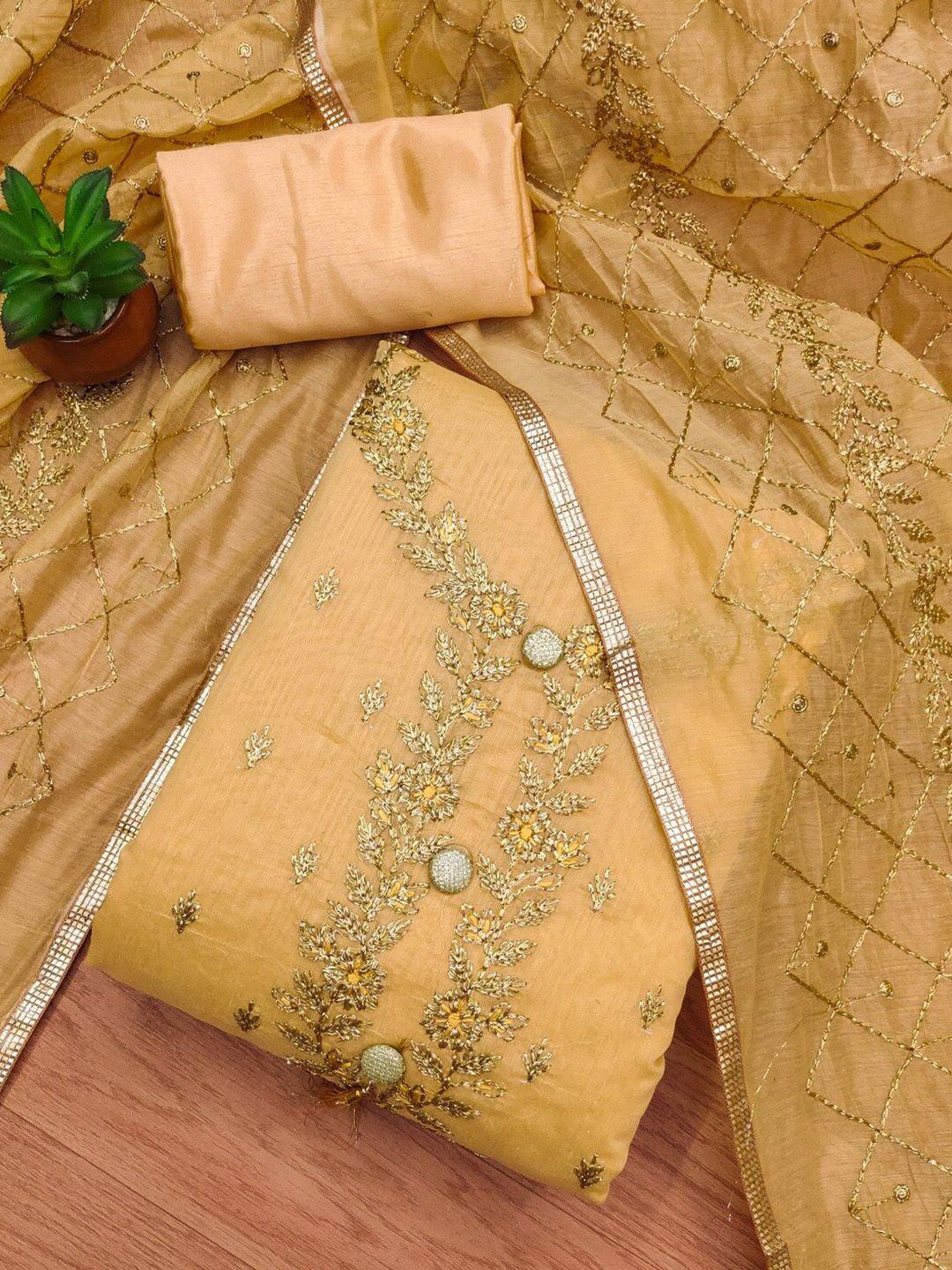 panzora yellow embroidered art silk unstitched dress material