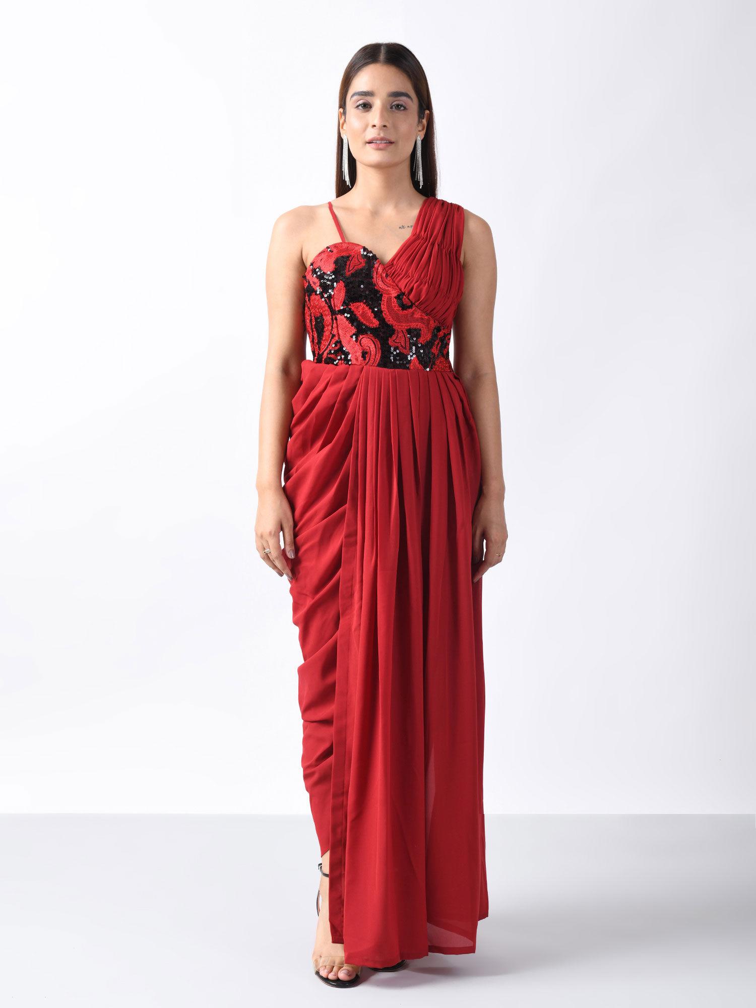 paola embellished corset red draped dress