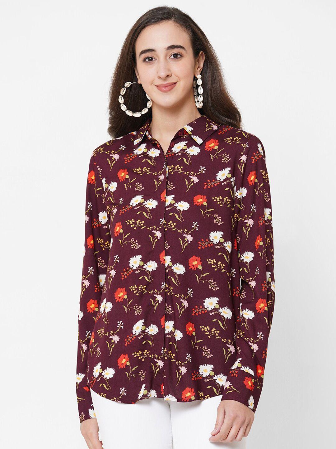 papa brands women maroon floral printed casual shirt