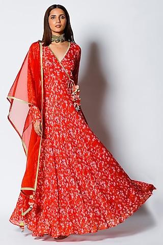 paprika red printed anarkali set