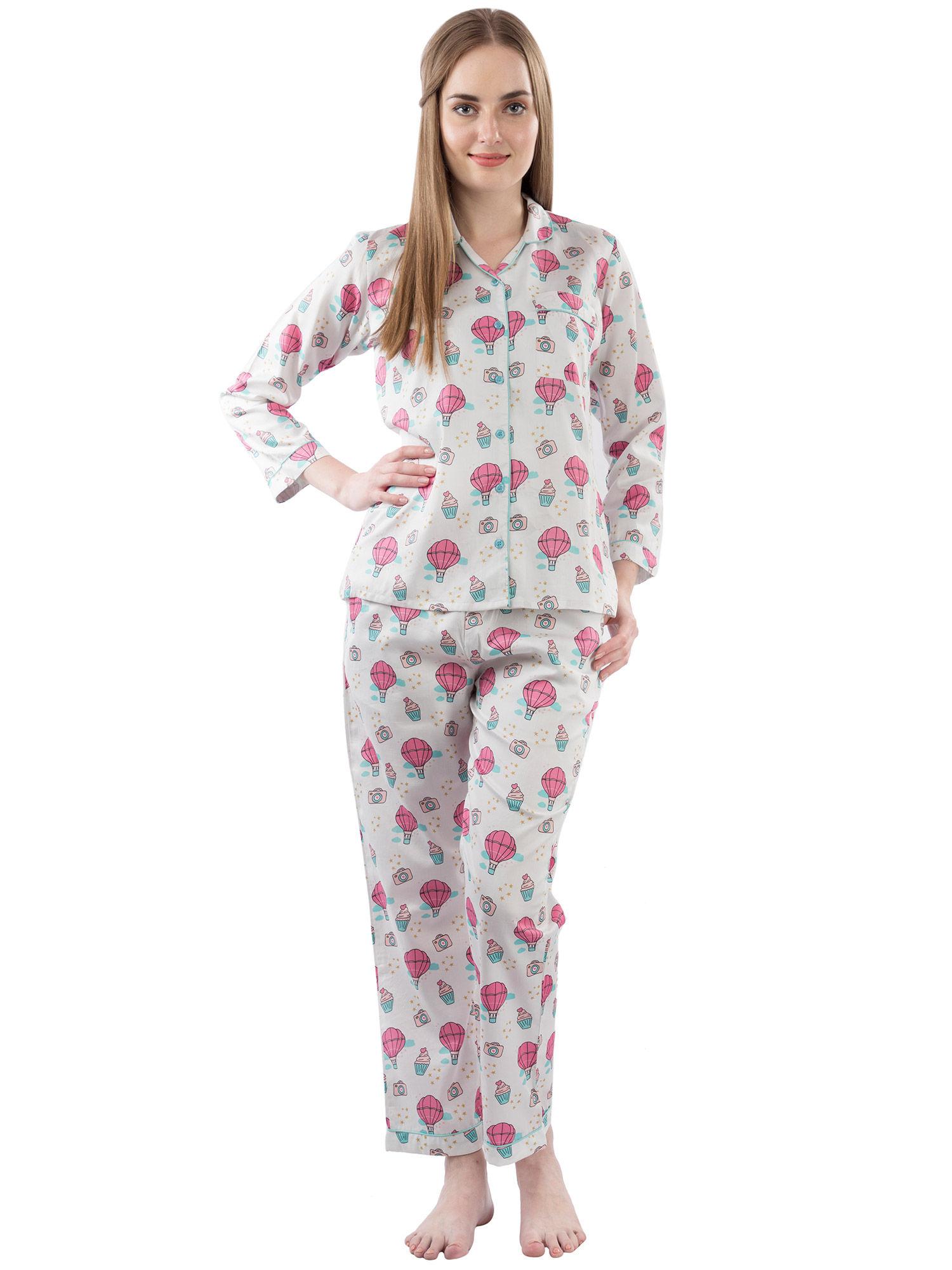 parachutes & camera women's cotton pyjama set - white