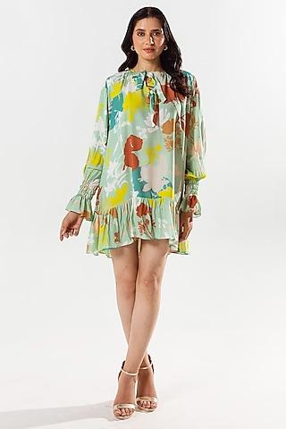 paradise green cotton silk printed knee-length dress