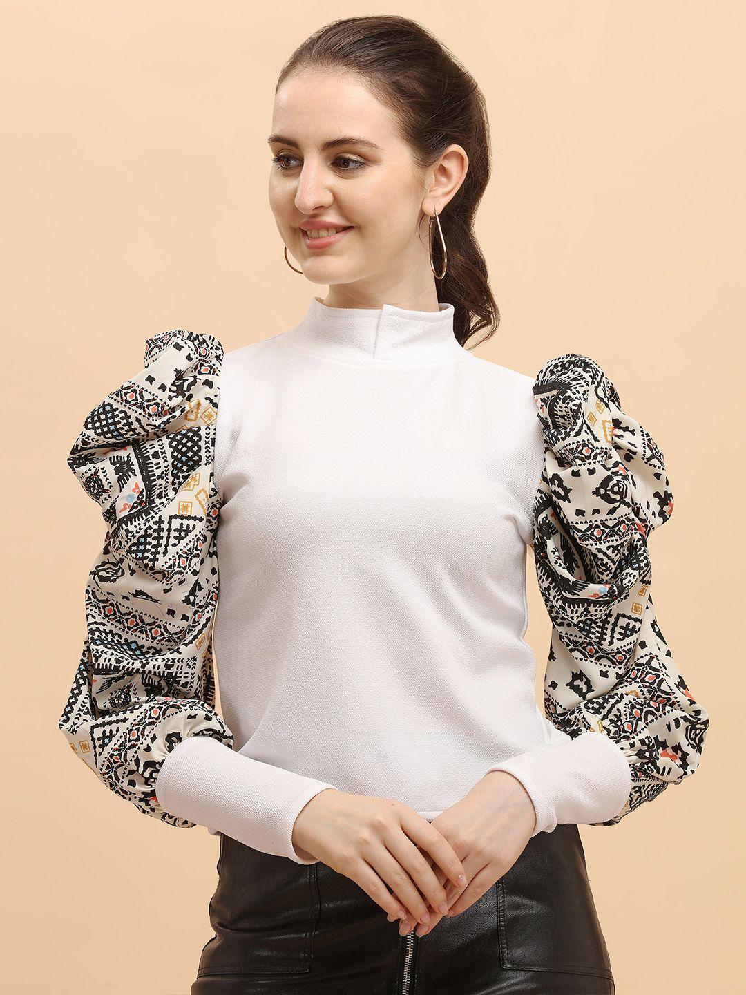 paralians white ethnic motifs printed puff sleeve top