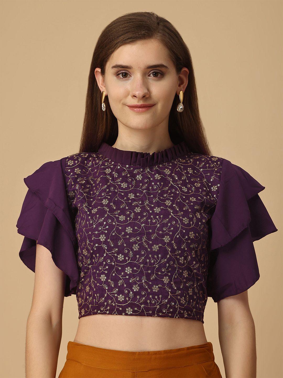 paralians high neck flutter sleeves floral embroidered sequined crop top