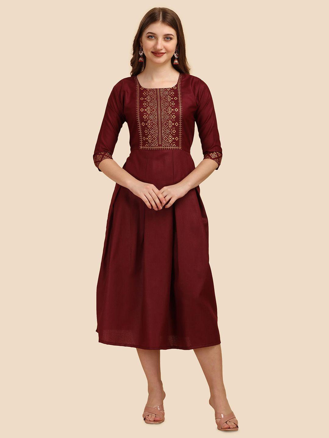 paralians maroon ethnic empire cotton midi dress