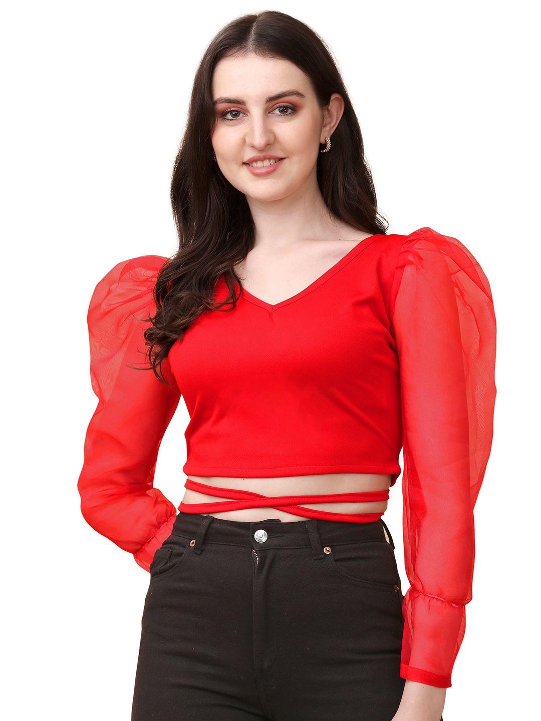 paralians red puff sleeve crepe crop top