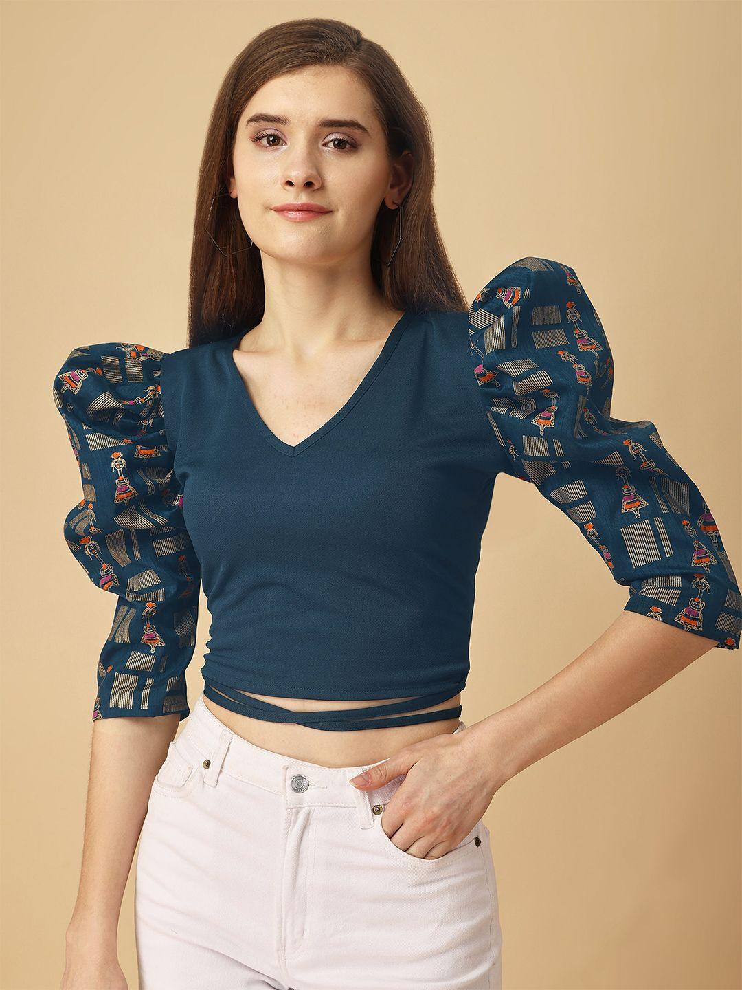 paralians turquoise blue puff sleeve crepe crop top