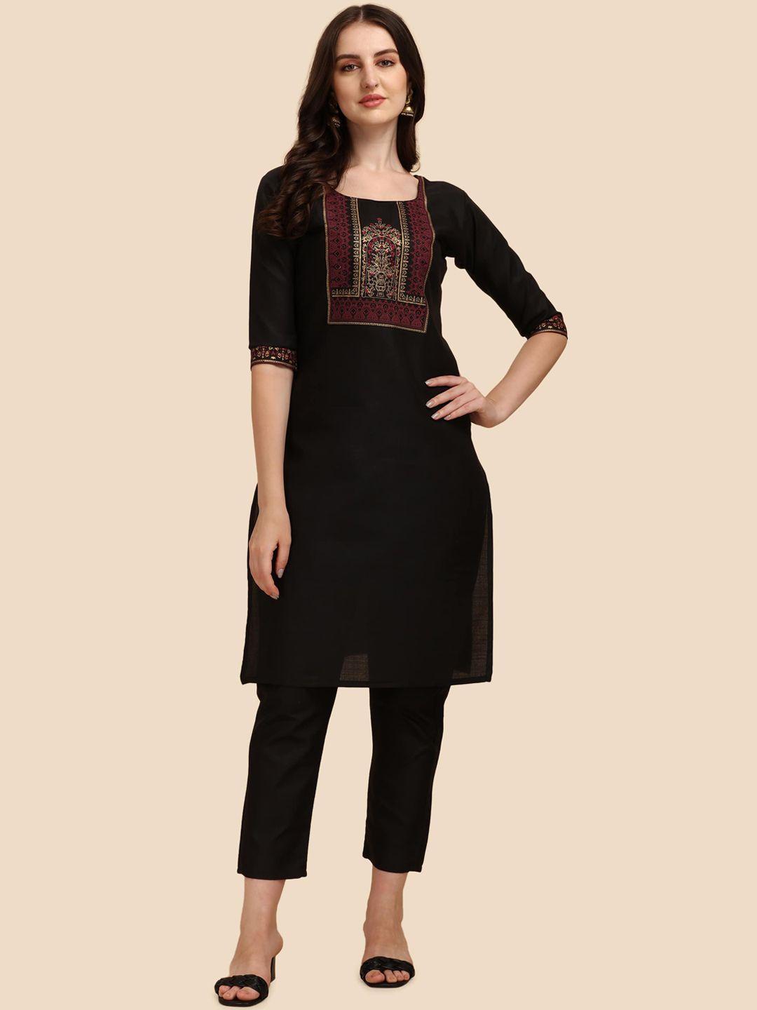 paralians women black & gold-toned cotton yoke design handloom kurta