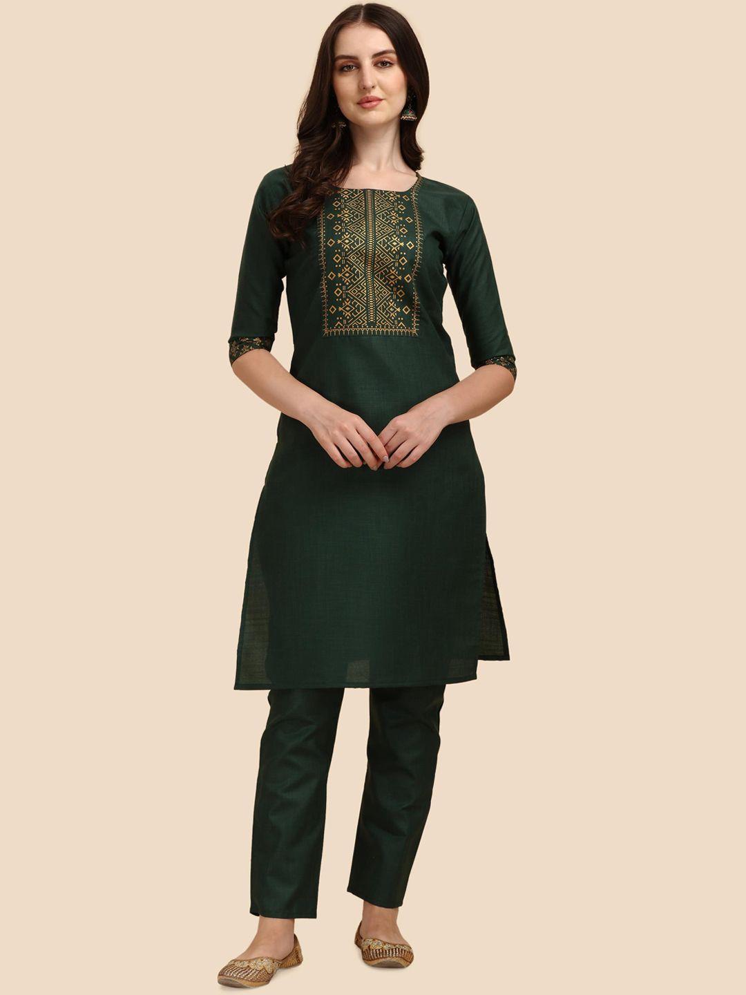 paralians women green & gold-toned cotton yoke design handloom kurta