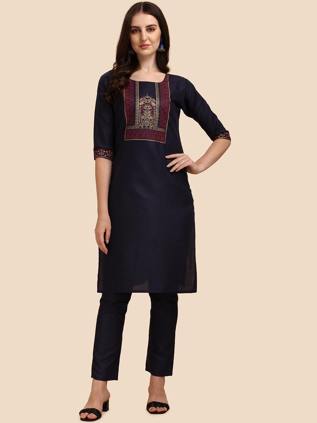 paralians women navy blue & gold-toned cotton yoke design handloom kurta