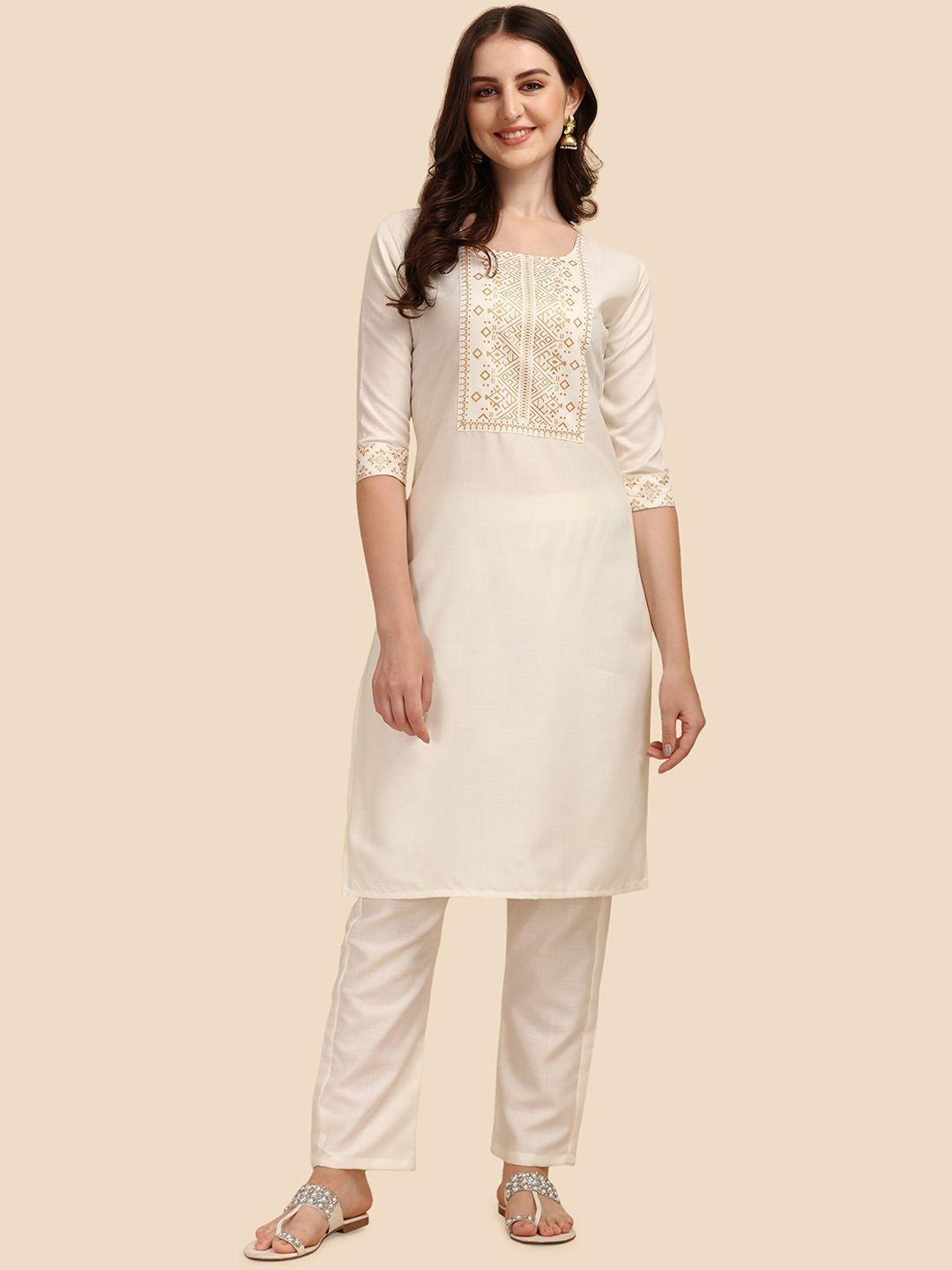 paralians women off white geometric yoke design thread work handloom kurta