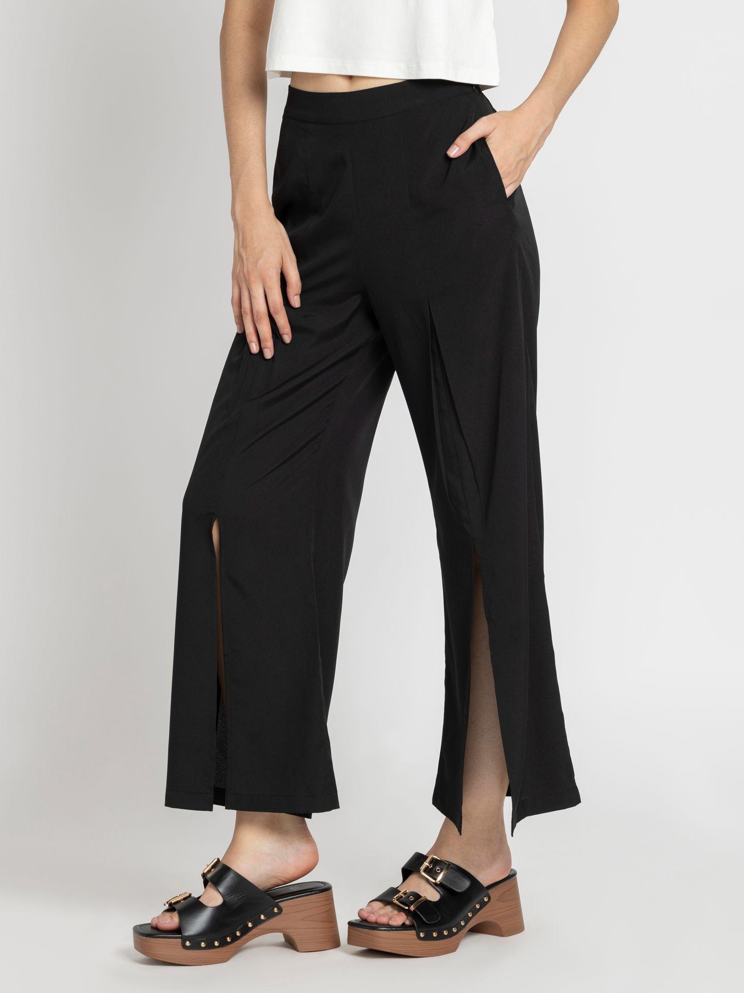 parallel trousers black solid mid-rise casual trousers for women