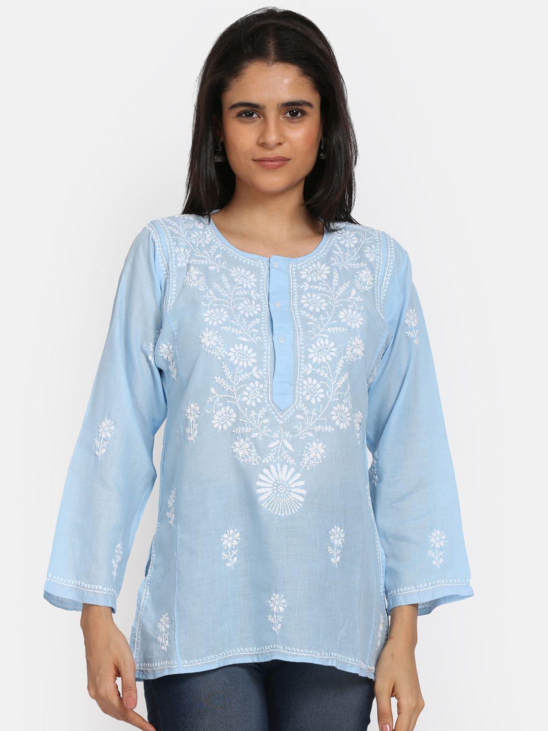 paramount chikan blue & white ethnic motifs embroidered chikankari kurti