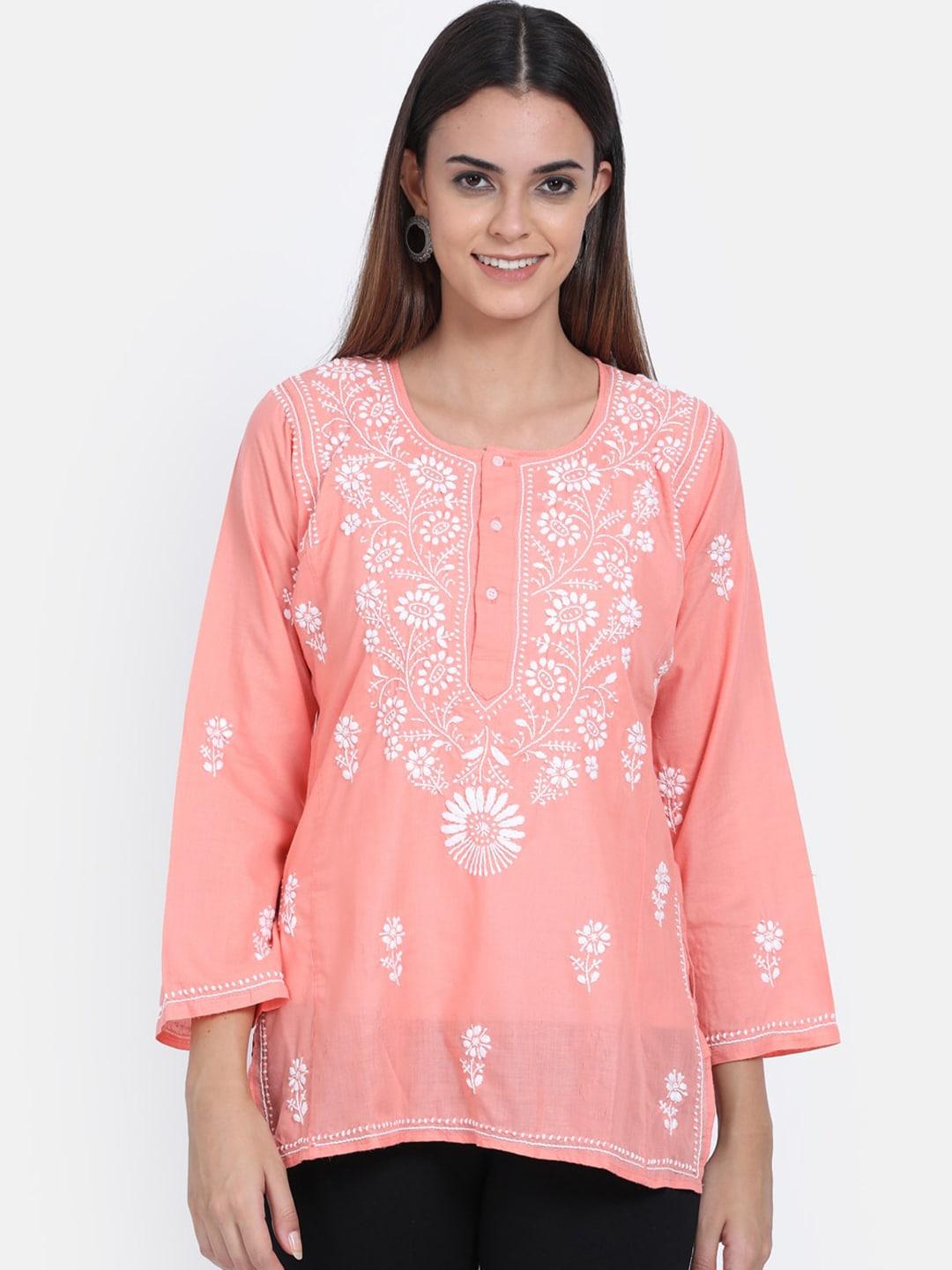 paramount chikan peach-coloured & white ethnic motifs embroidered chikankari cotton kurti