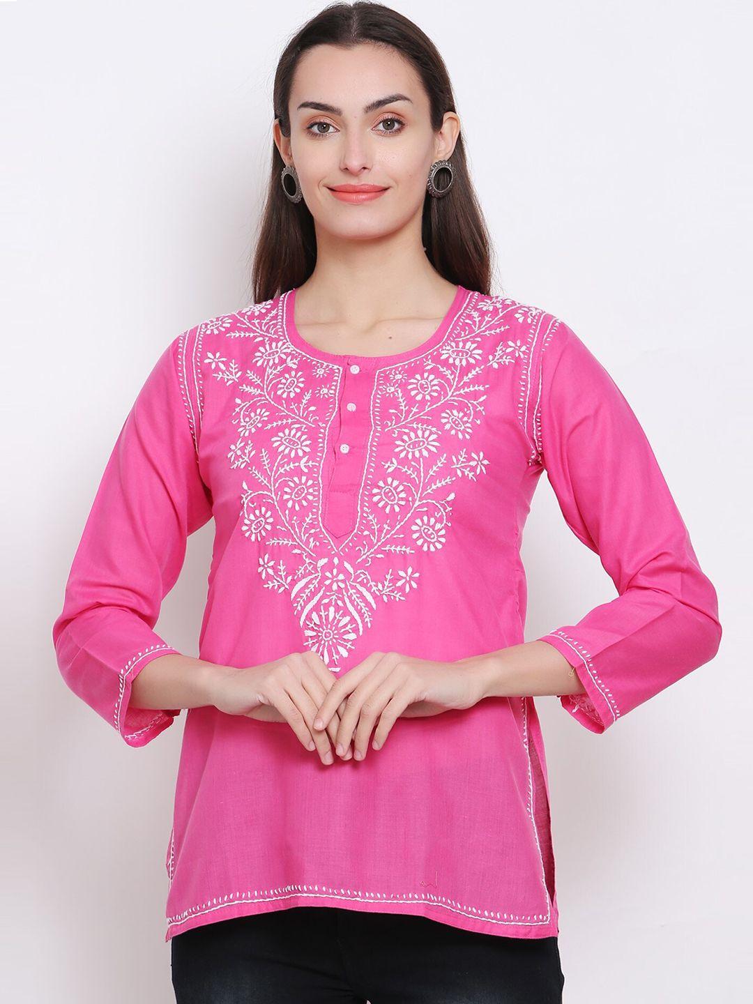paramount chikan pink ethnic motifs embroidered pure cotton kurti