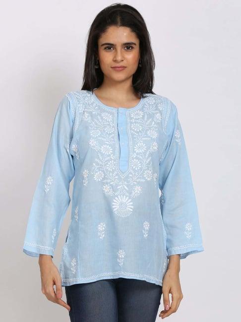 paramount chikan powder blue cotton embroidered straight kurti