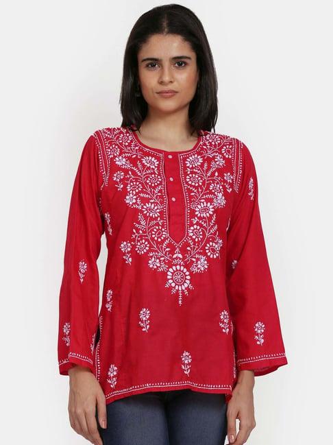paramount chikan red cotton embroidered straight kurti