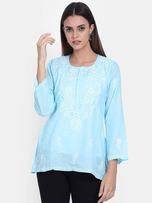 paramount chikan sky blue cotton embroidered straight kurti