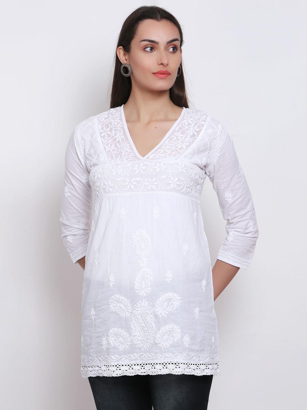 paramount chikan white embroidered cotton sustainable tunic