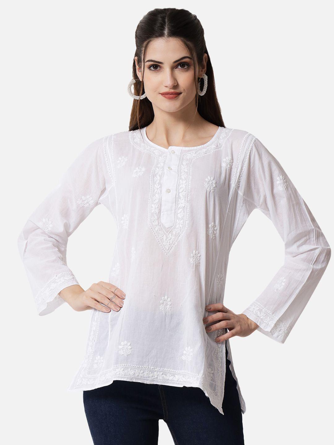 paramount chikan white ethnic motifs embroidered chikankari pure cotton sustainable kurti