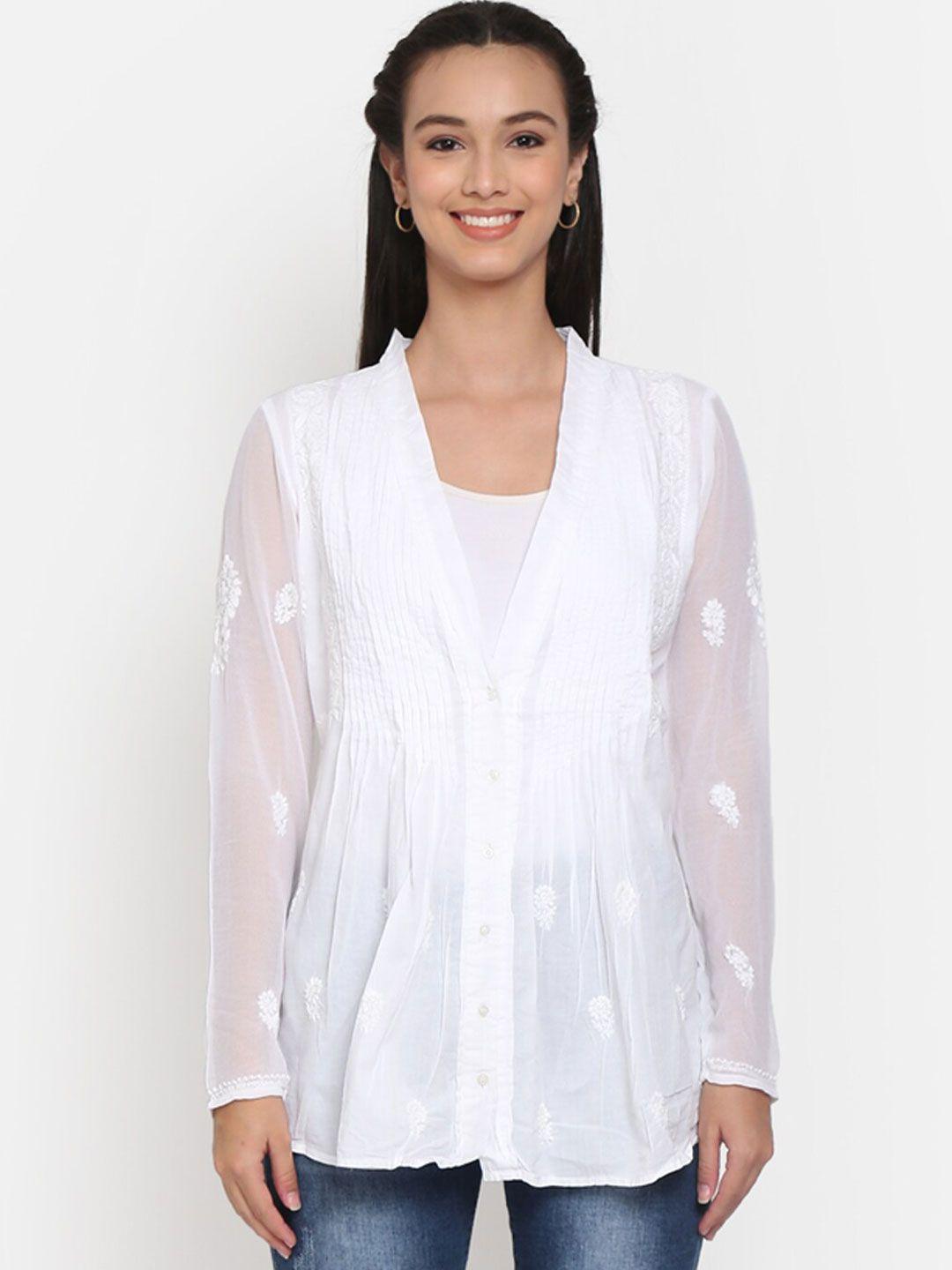 paramount chikan white floral embroidered cotton sustainable top