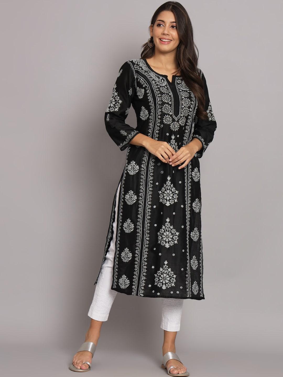 paramount chikan women black ethnic motifs printed flared sleeves sequinned floral kurta