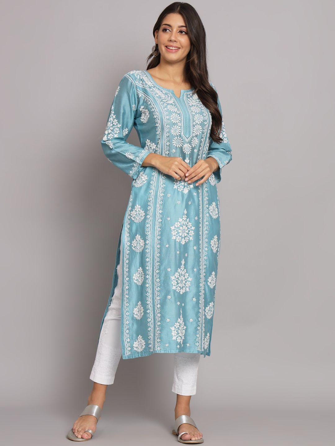 paramount chikan women blue ethnic motifs embellished flared sleeves thread work floral kurta