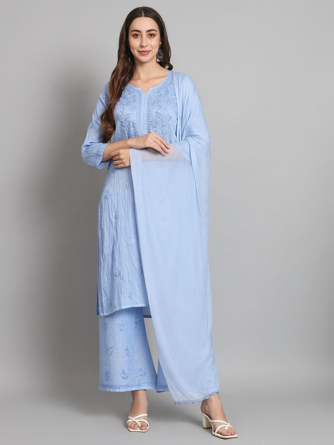 paramount chikan women blue ethnic motifs embroidered regular chikankari chanderi cotton kurta with palazzos
