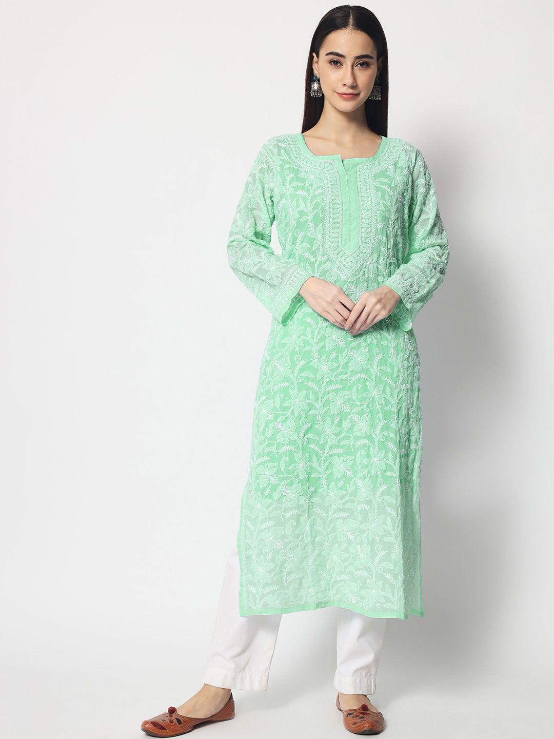 paramount chikan women green paisley flared sleeves thread work floral kurta