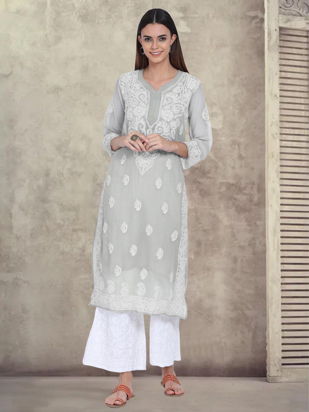 paramount chikan women grey & white ethnic motifs embroidered chikankari georgette kurta