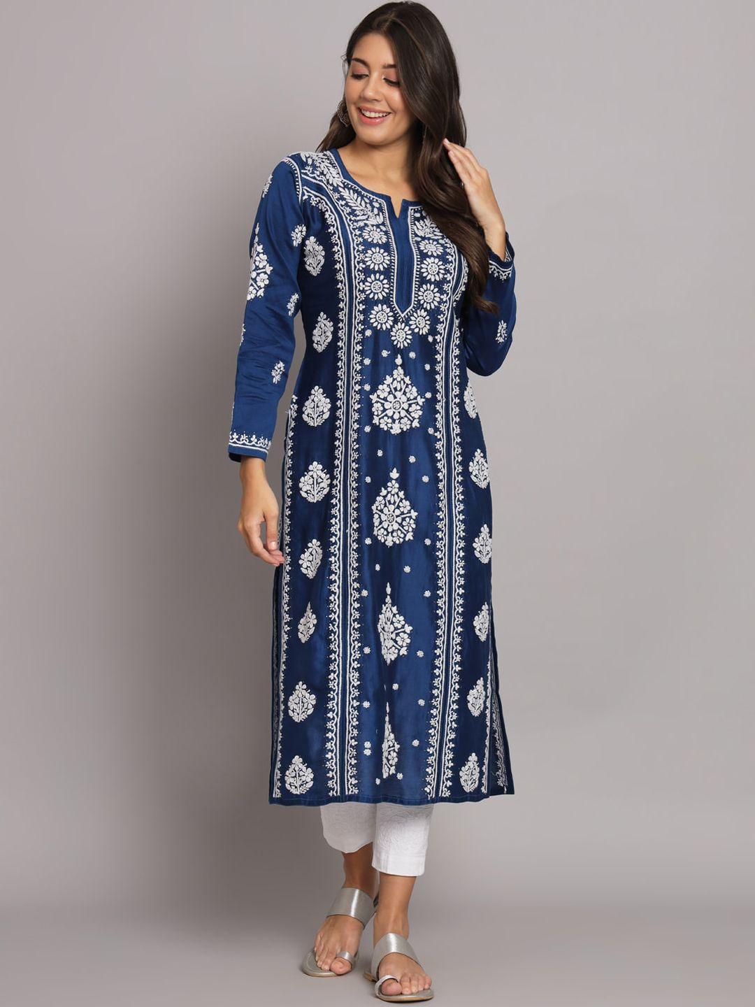 paramount chikan women navy blue ethnic motifs printed thread work floral kurta