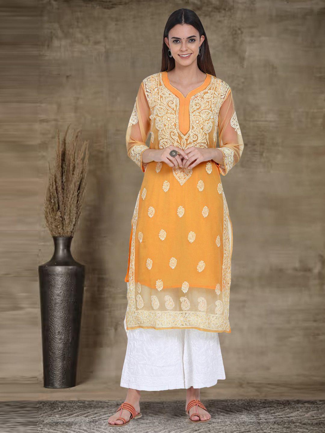 paramount chikan women orange & white ethnic motifs embroidered chikankari georgette kurta