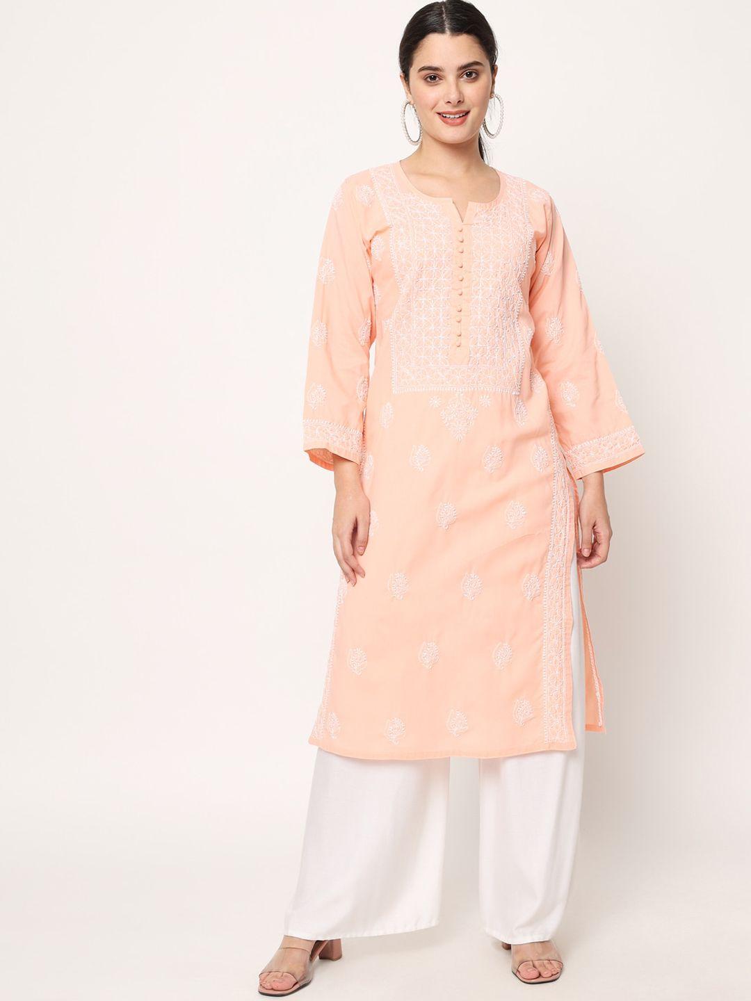 paramount chikan women peach-coloured & white embroidered chikankari cotton straight kurta