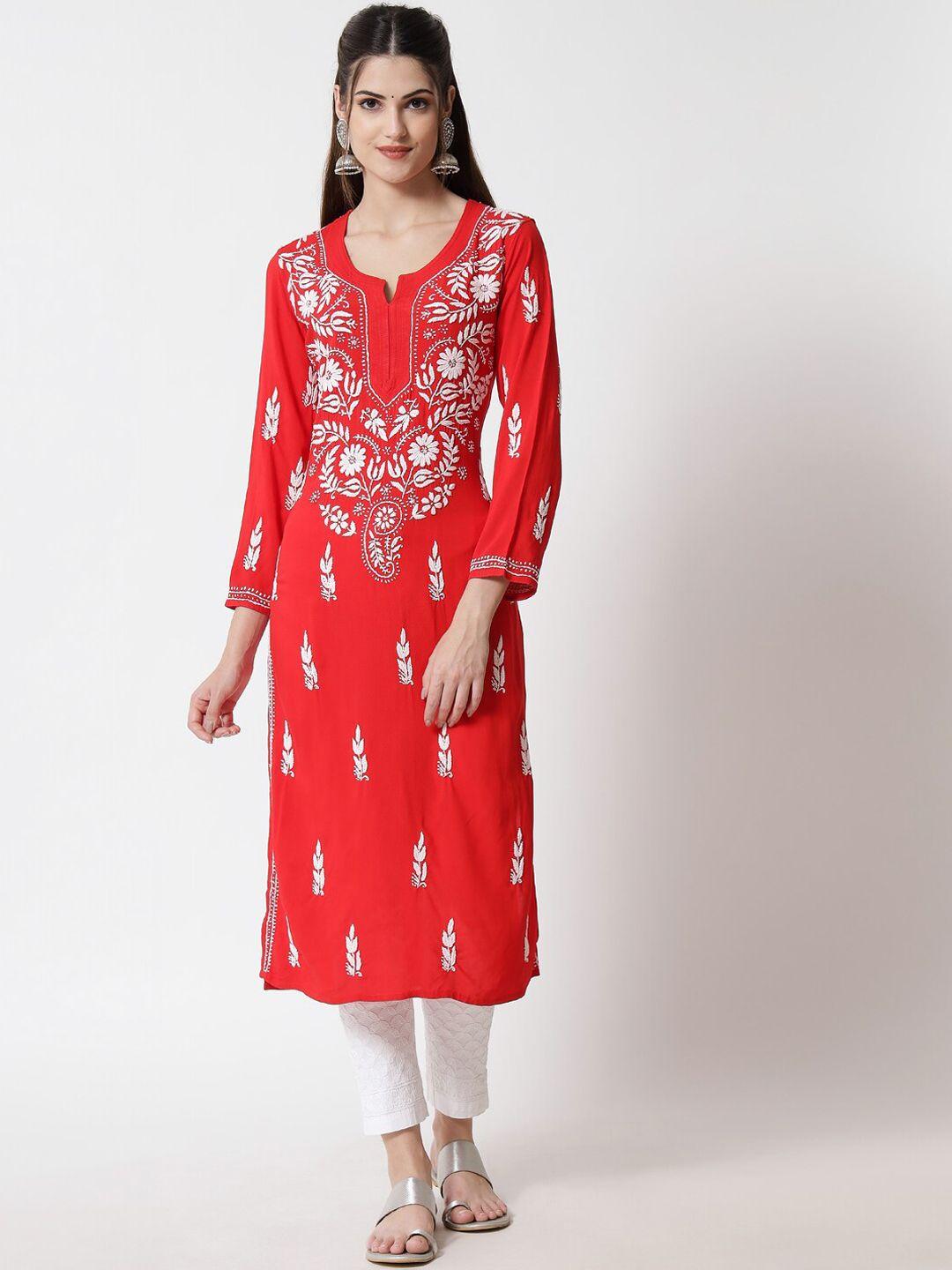 paramount chikan women red & white hand embroidered chikankari kurta
