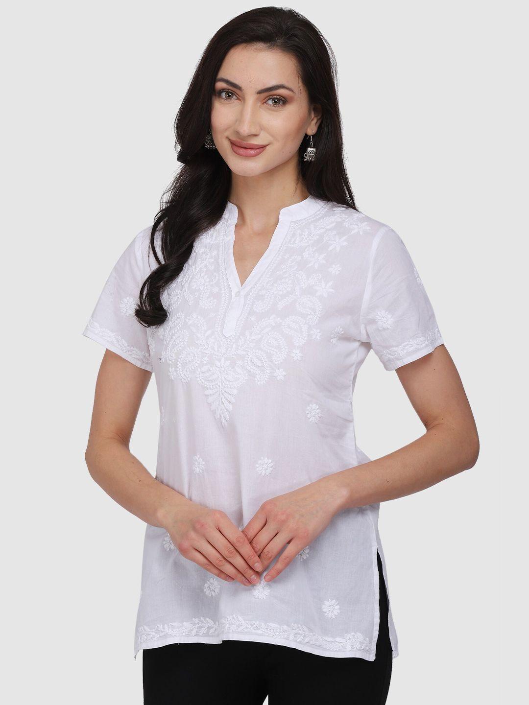paramount chikan women white embroidered mandarin collar sustainable top
