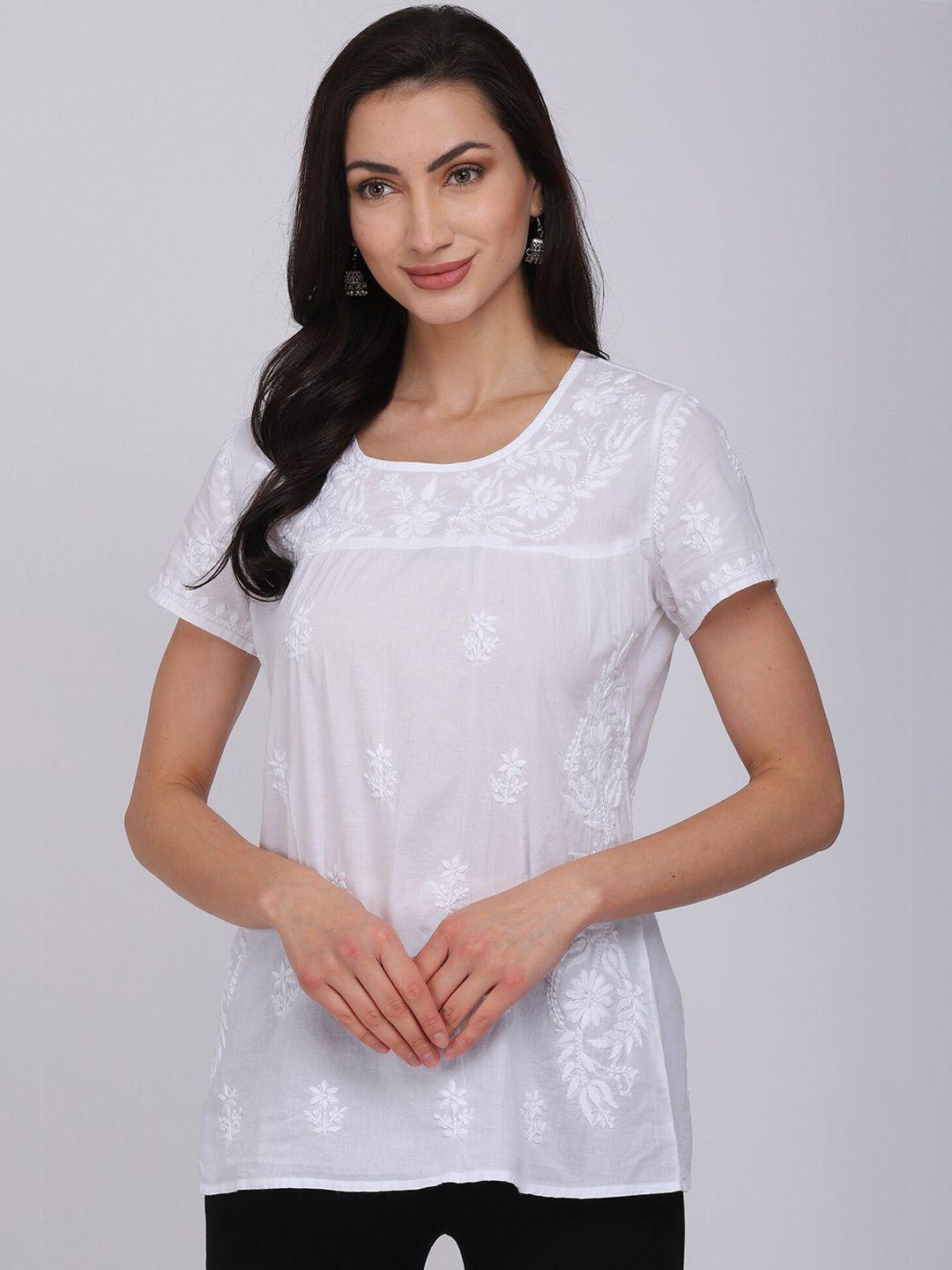 paramount chikan women white floral embroidered chikankari cotton sustainable top