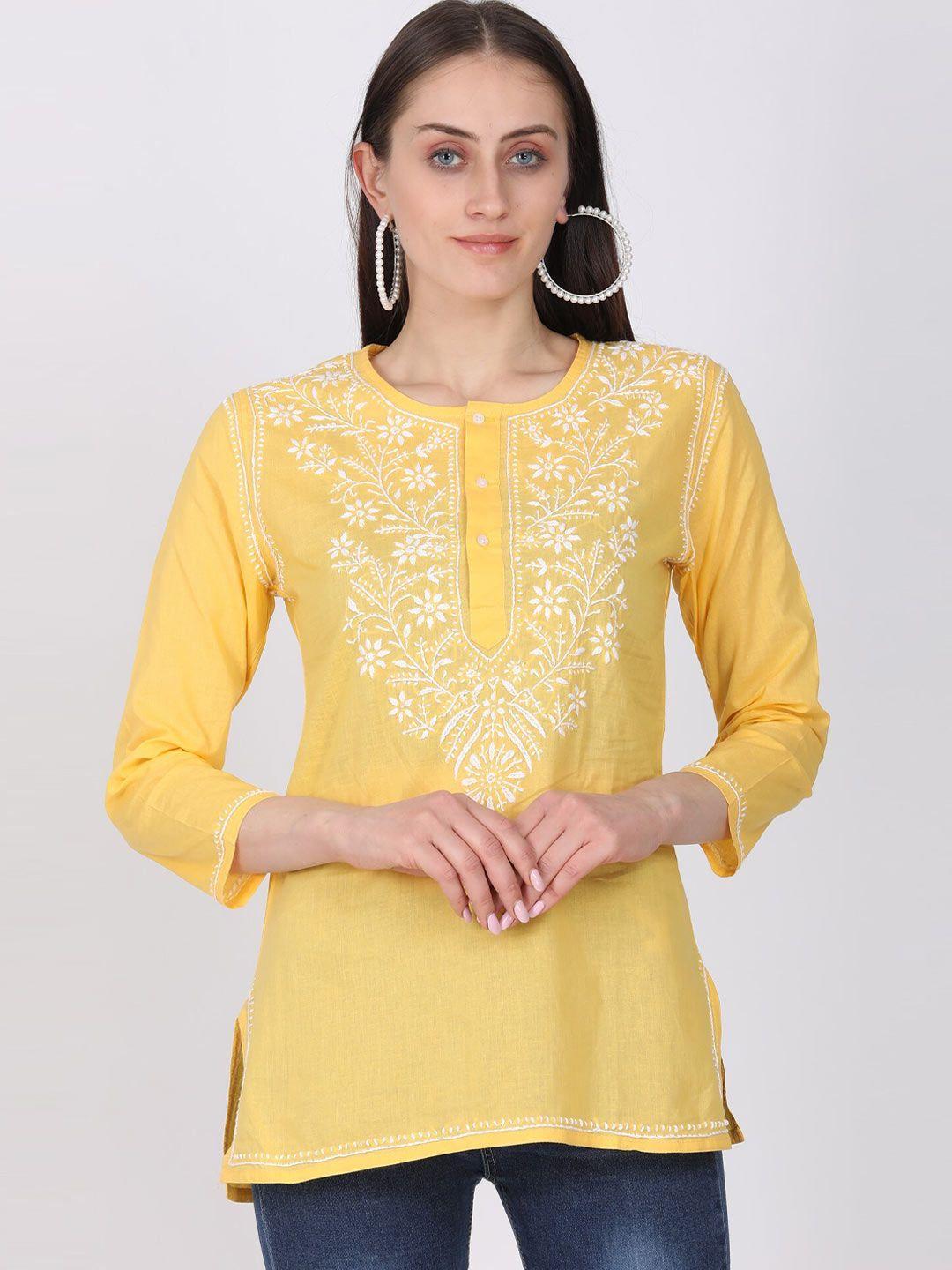 paramount chikan yellow ethnic motifs embroidered chikankari pure cotton chikankari kurti