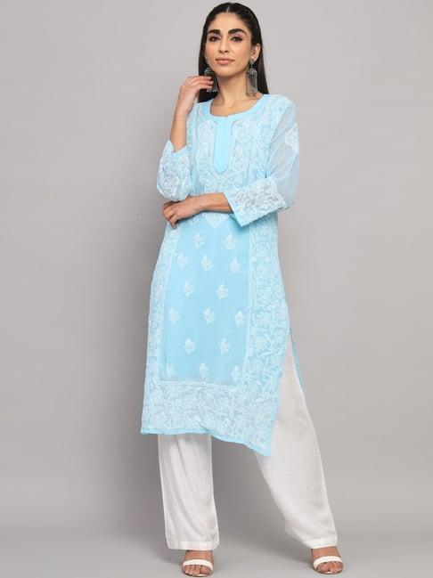 paramount chikan aqua blue chikankari straight kurta