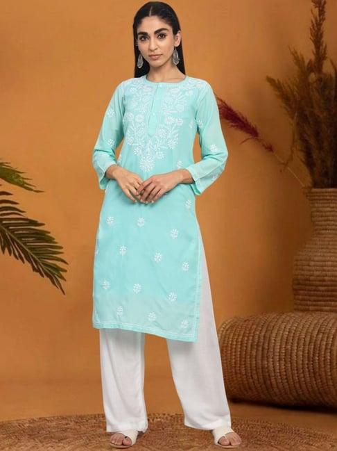 paramount chikan aqua blue cotton hand embroidered chikankari straight kurta