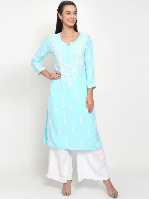 paramount chikan aqua blue hand embroidered chikankari straight kurta